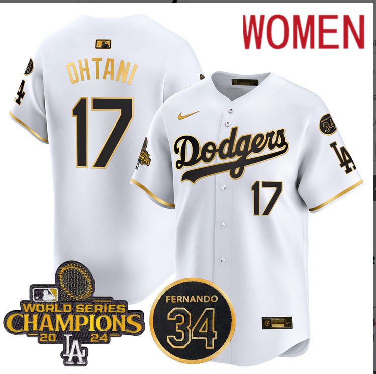 Women MLB Los Angeles Dodgers 17 Ohtani white 2024 World Series Champions Patch Limited Jersey style 3